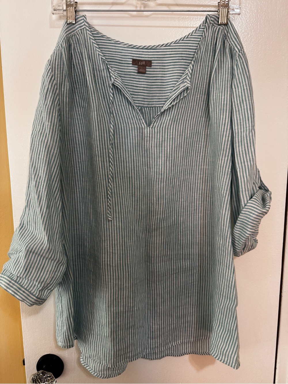 J Jill light teal Striped Tie-Neck 100% Linen Tunic